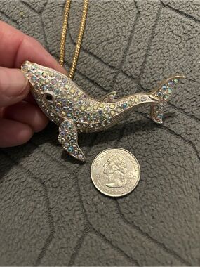 Crystal Iridescent Whale Pendant Necklace - Gold Tone Chain